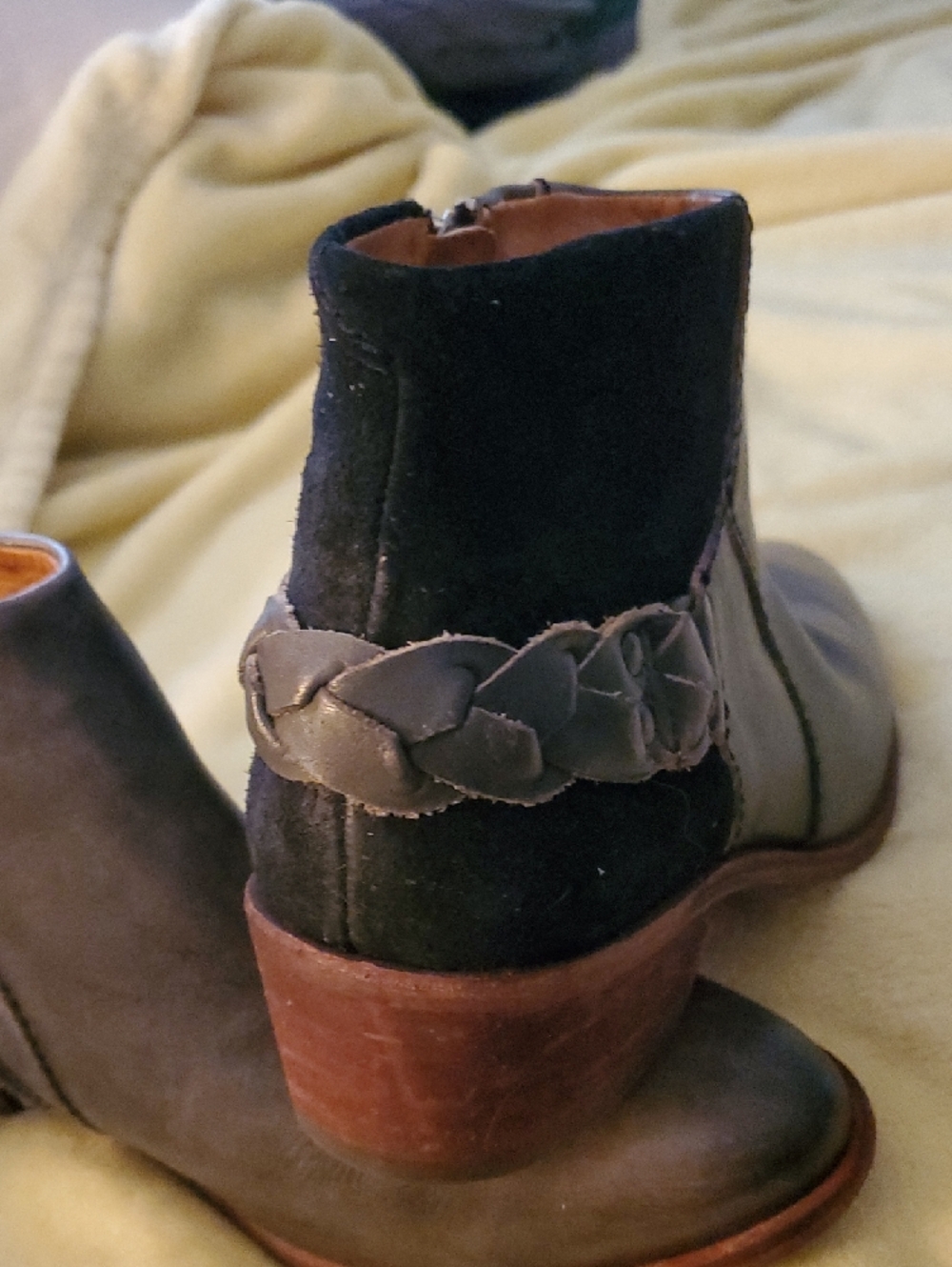 Women's Dark Gray &Black Leather & Suede Ankle Booties with Braid Accent